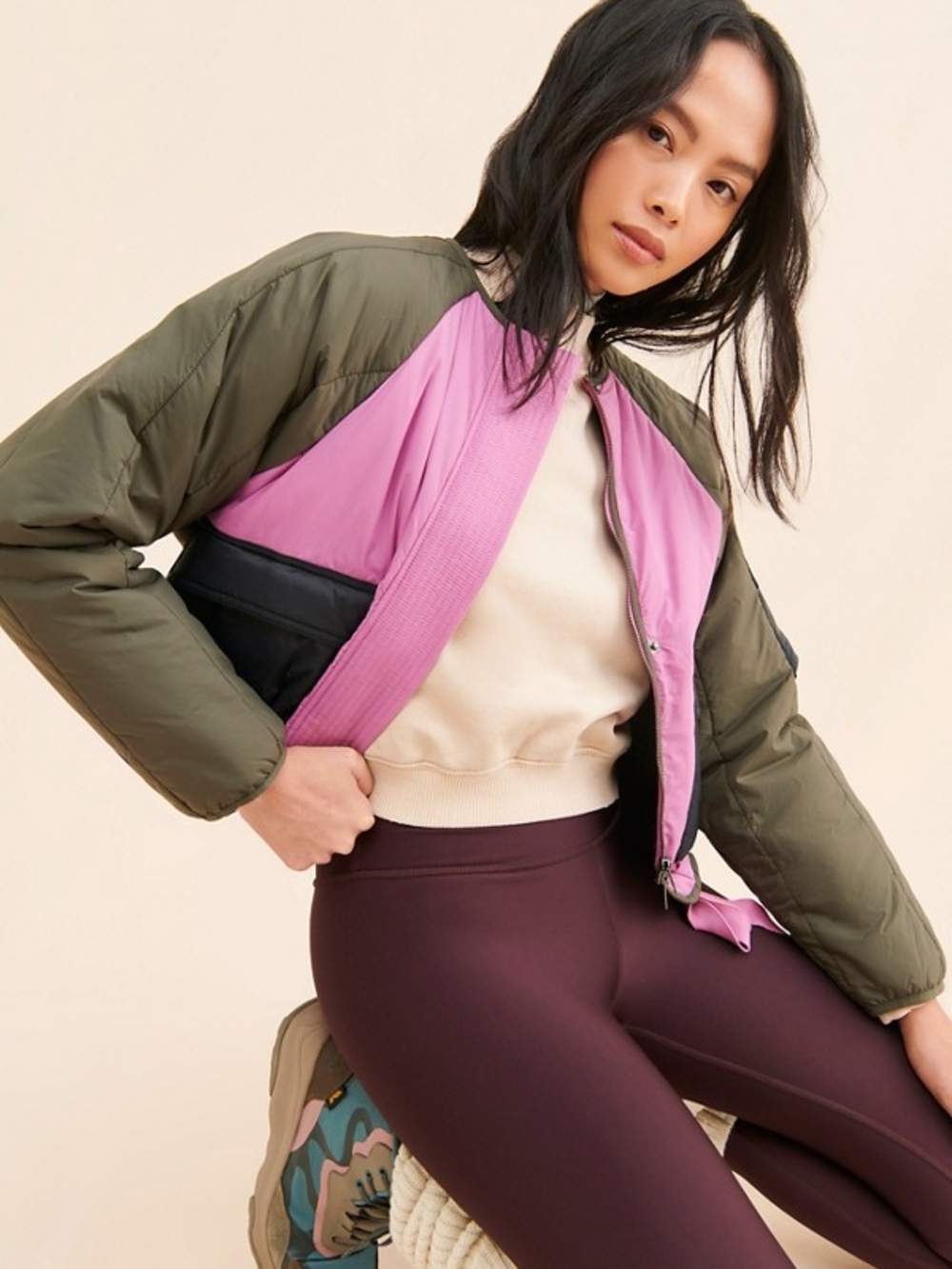 Women's Free People Movement Bomber Jacket in Olive & Pink